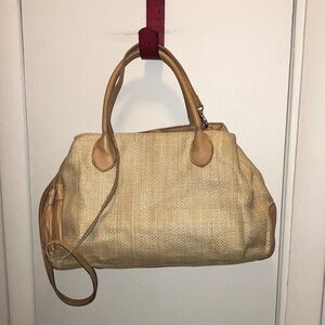 Etienne Aigner Cream and Tan Satchel Palm Tree Lining Multiple Compartments